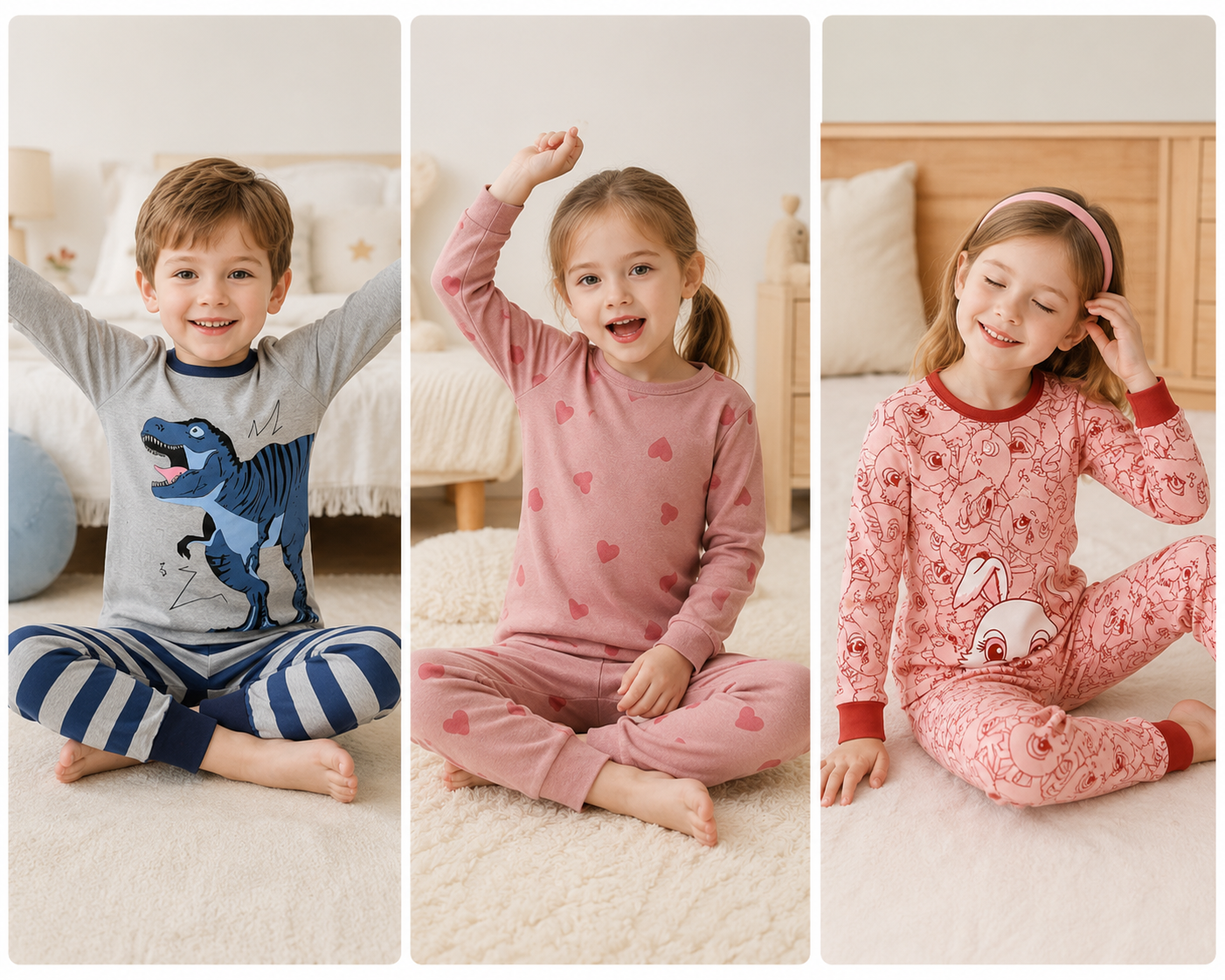 Pyjama Enfant Manches Longues | Coton Doux | Motif Cœur, Lapinou & Dino | 2 à 6 ans