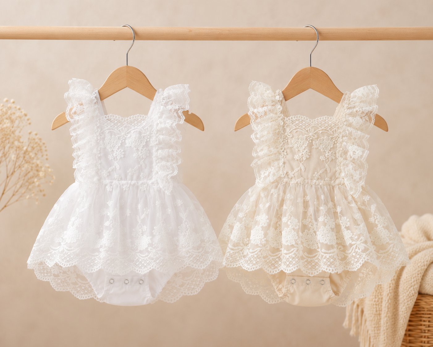 Barboteuse Bébé Fille – Dentelle Florale Brodée, Bretelles, Baptême & Mariage, 0-24 Mois
