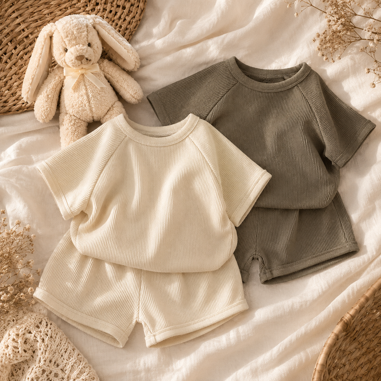 Ensemble t-shirt & short gaufré enfant – Unisexe, style scandinave, 1-5 ans