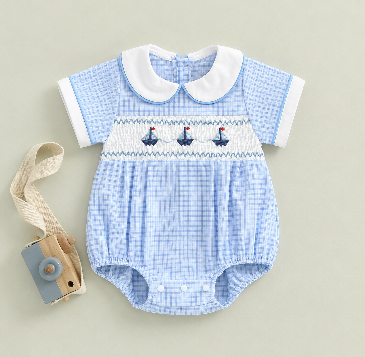 Barboteuse Bébé Broderie Voilier Col Claudine Smocké 0-24 Mois | LittleBunz