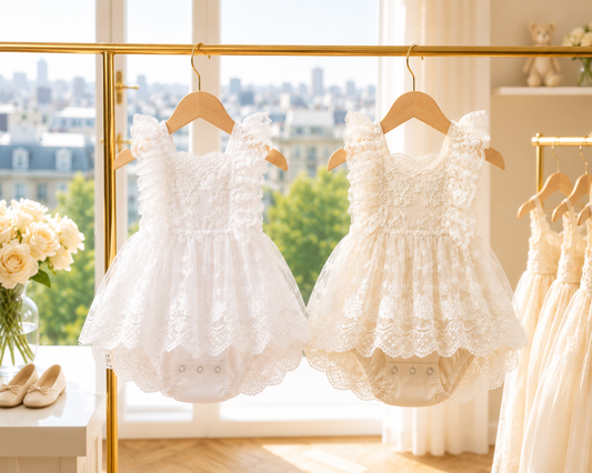 Barboteuse Dentelle Florale Brodée Bébé Fille | Robe Bella |  0-24 Mois