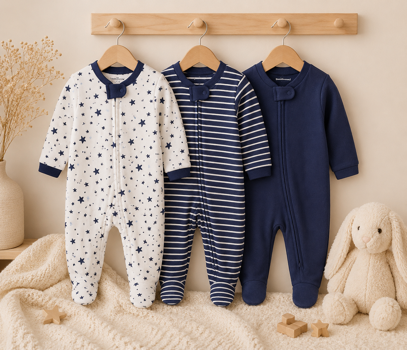 Lot de 3 Barboteuses Bébé | 100% Coton | Manches Longues | 3 à 12mois