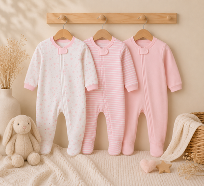 Lot de 3 Barboteuses Bébé | 100% Coton | Manches Longues | 3 à 12mois