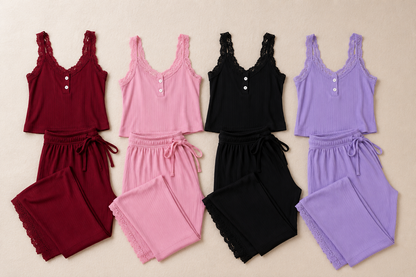 Ensemble Pyjama 3 Pièces Femme – Gilet, Short & Pantalon, Dentelle, Été