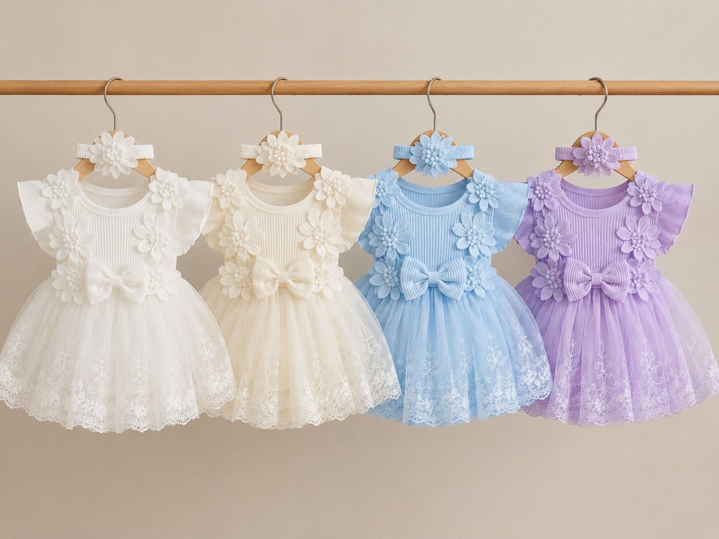 Ensemble Bébé Fille Barboteuse Dentelle Tulle Bandeau Baptême 0-18 Mois | LittleBunz