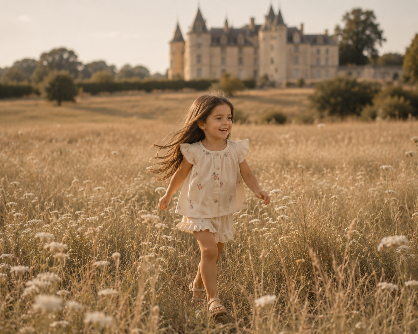 Ensemble deux pièces fille – Haut à manches volantes & short fleuri, été