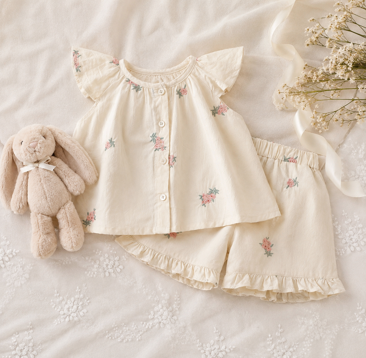 Ensemble deux pièces fille – Haut à manches volantes & short fleuri, été