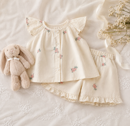 Ensemble deux pièces fille – Haut à manches volantes & short fleuri, été