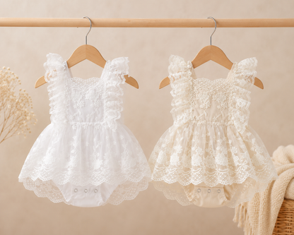 Barboteuse Bébé Fille – Dentelle Florale Brodée, Bretelles, Baptême & Mariage, 0-24 Mois