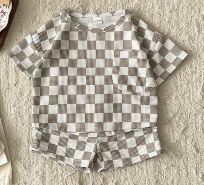 Ensemble Haut & Pantalon Bébé | Tissu Waffle | Motif Damier | 6mois-3 ans|LittleBunz