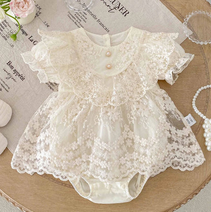 Robe Barboteuse Bébé Fille Dentelle Princesse Manches Courtes 0-24 Mois | LittleBunz