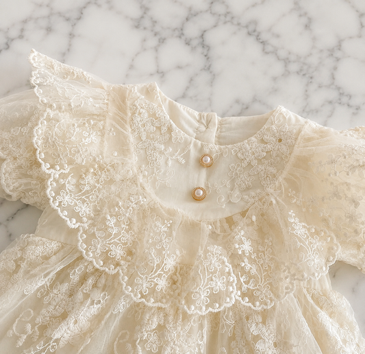 Robe Barboteuse Bébé Fille Dentelle Princesse | Robe Amelia | 0-24 Mois