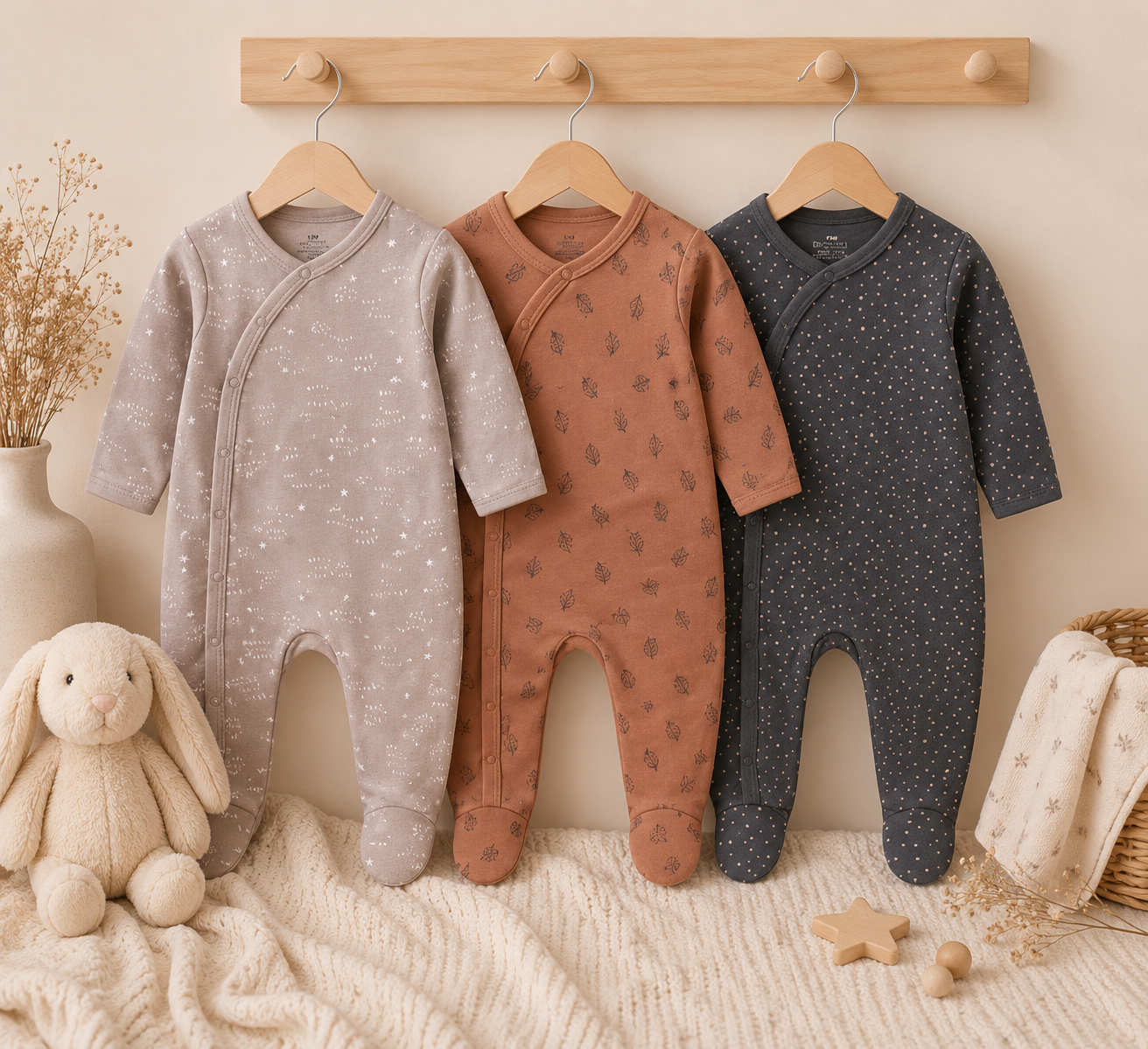 Lot de 3 Barboteuses Bébé | 100% Coton | Manches Longues | 3 à 12mois