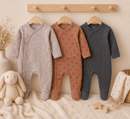 Lot de 3 Barboteuses Bébé | 100% Coton | Manches Longues | 3 à 12mois